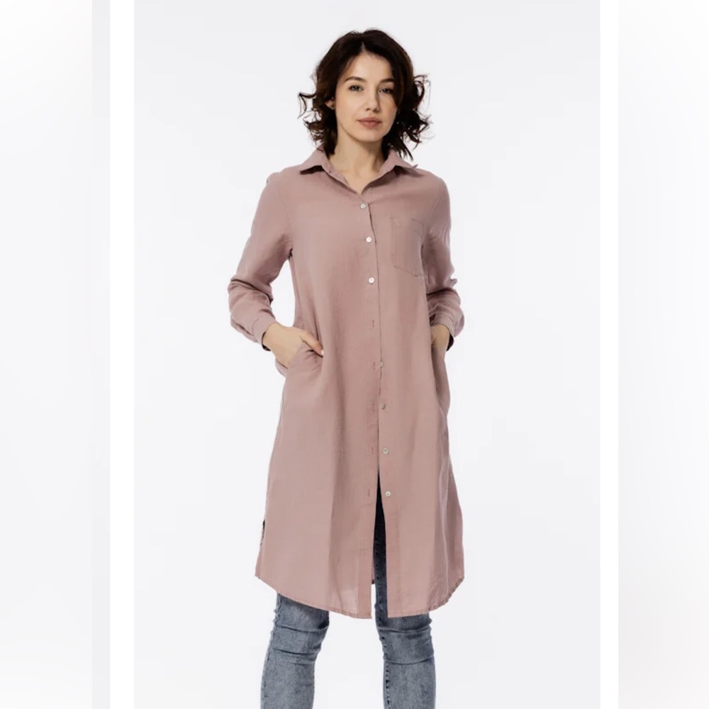 Linen Casa Linen Chic Long Sleeve Dusty Rose Pink Shirt Dress Small